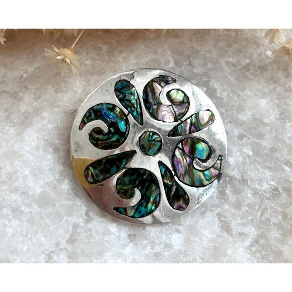 Taxco Sterling Silver Abalone Mexican Round Abstract Vintage Brooch Pendant - Picture 1 of 10